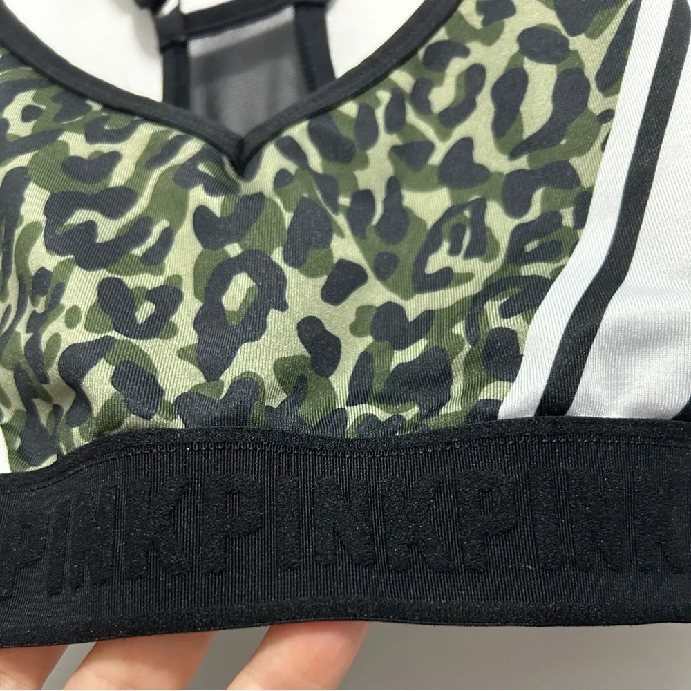 PINK Victoria's Secret Ultimate Black Green Sports Racerback Bra Leopard Print